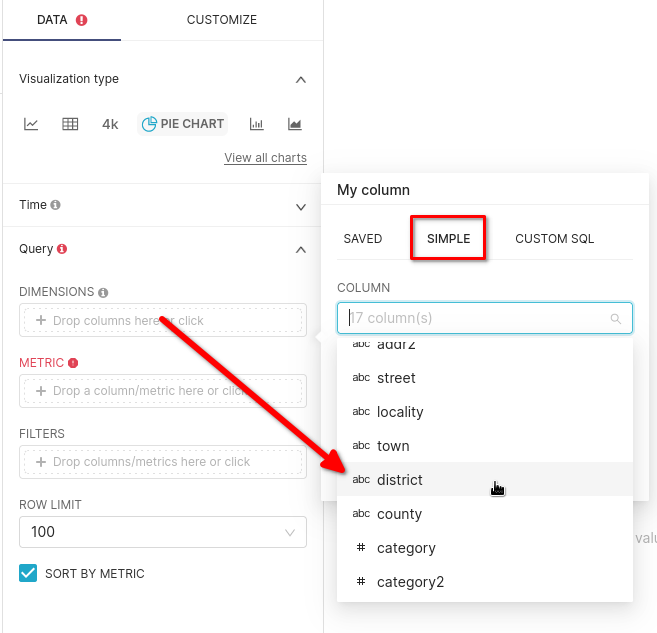 Конфигурация Dimension с выбранным полем district для круговой диаграммы