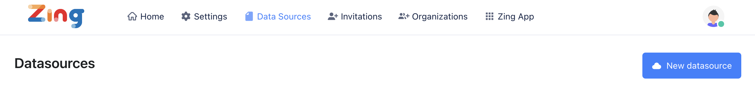 Интерфейс Zing Data с кнопкой New Datasource и опцией ClickHouse в выпадающем меню